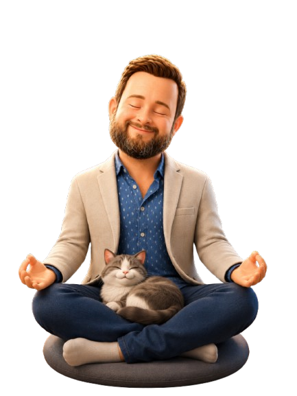 Caricatura de Matías meditando tranquilo con su gato